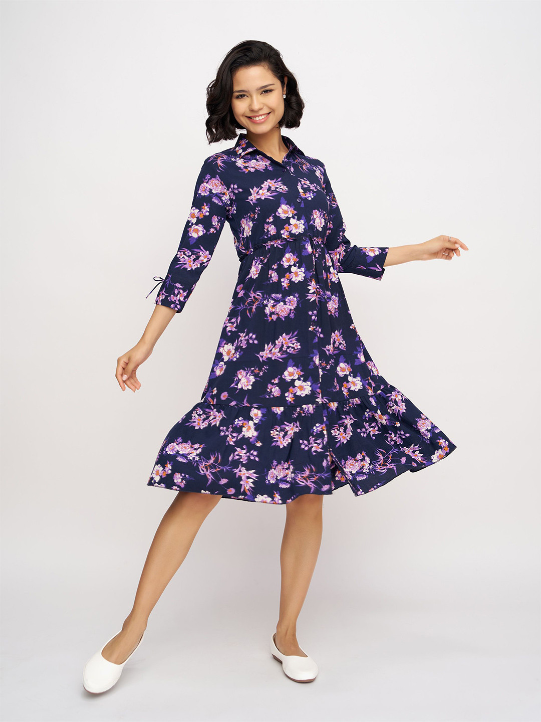 AASK Women Navy Blue Printed Delta Crush Calf Length Shirt Dress