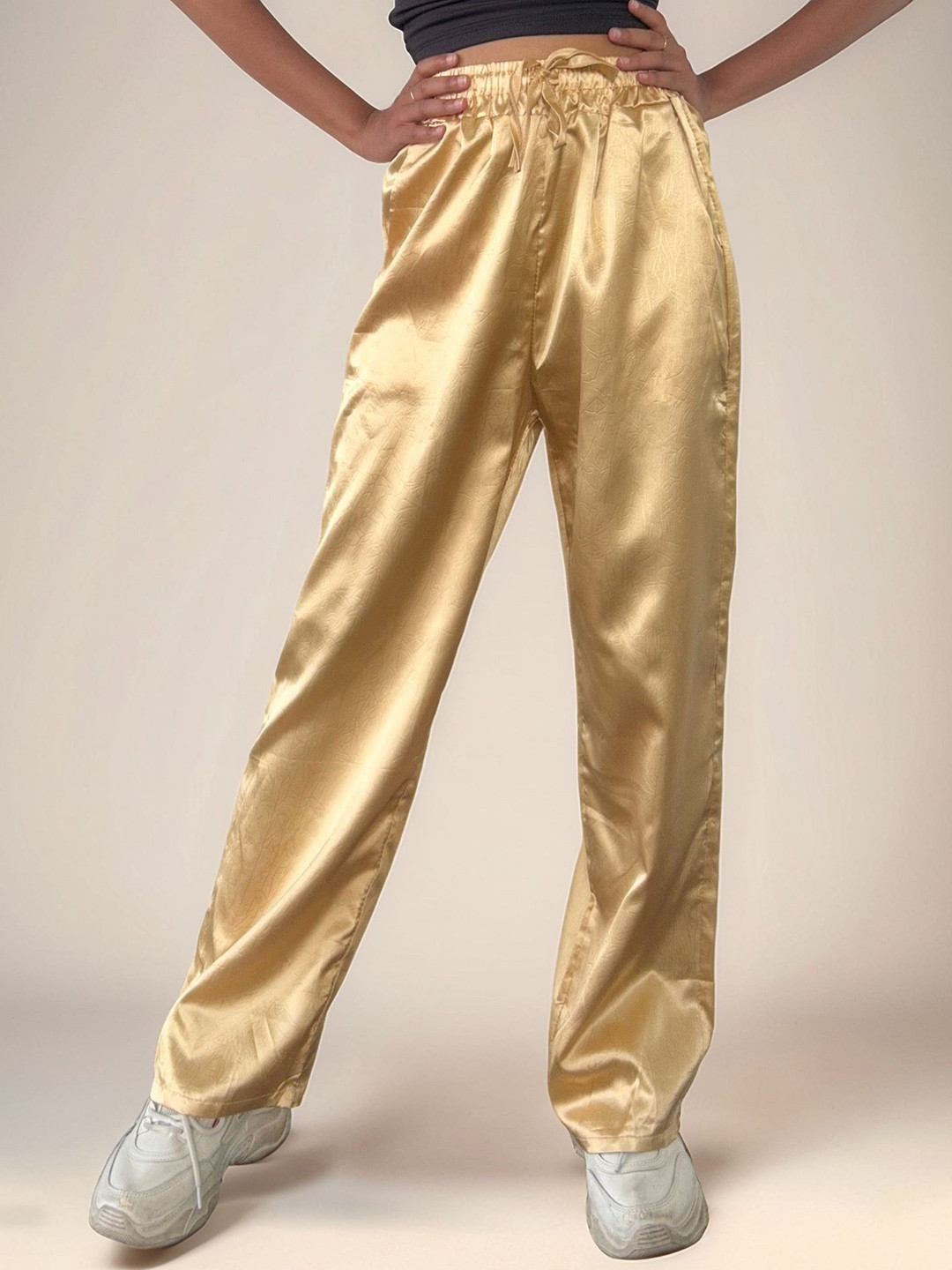 Outzidr Cream Textured Wide Leg Trouser