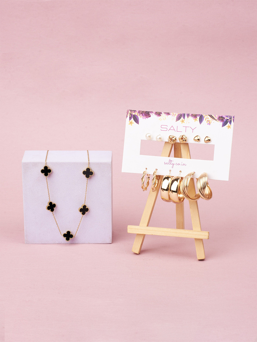 SALTY Set Of 6 Hoops & Charm Of Night Earrings With Pendant Chain Jewellery Set