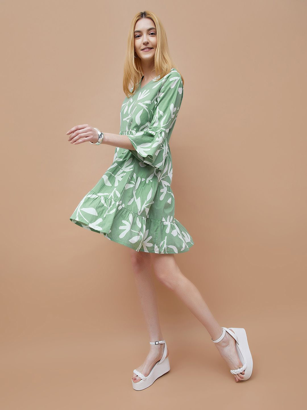 Colour Me by Melange Women Floral Print V-Neck Bell Sleeves Peplum Cotton Dress