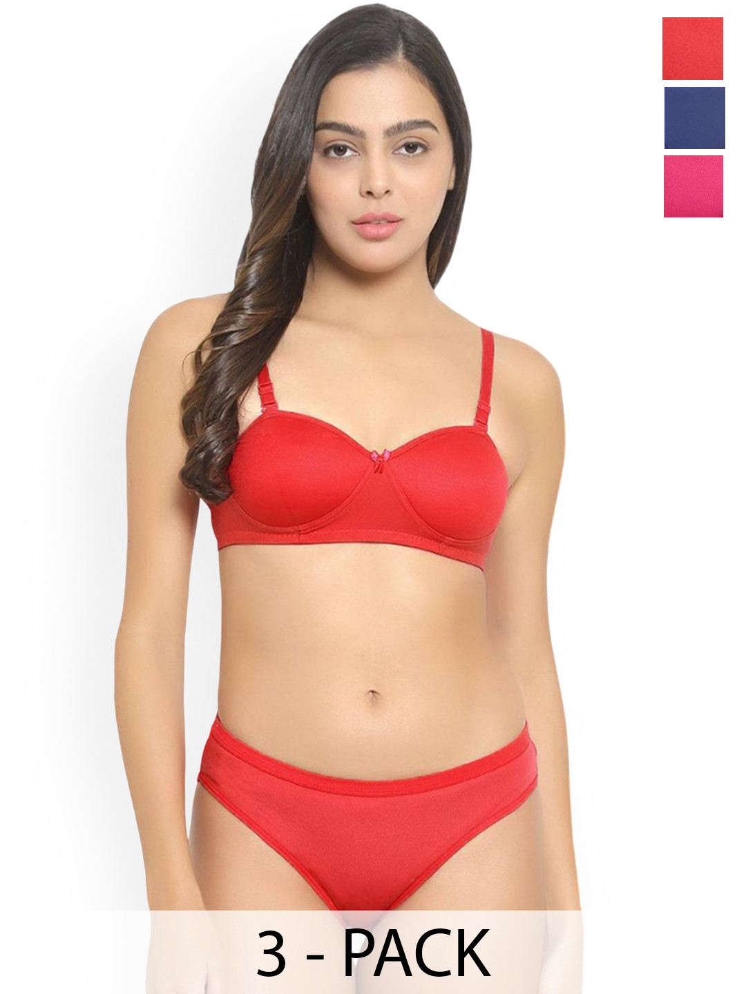 AROUSY Pack Of 3 Cotton Lightly Padded Lingerie Sets J_Demi-Set_R,B,P