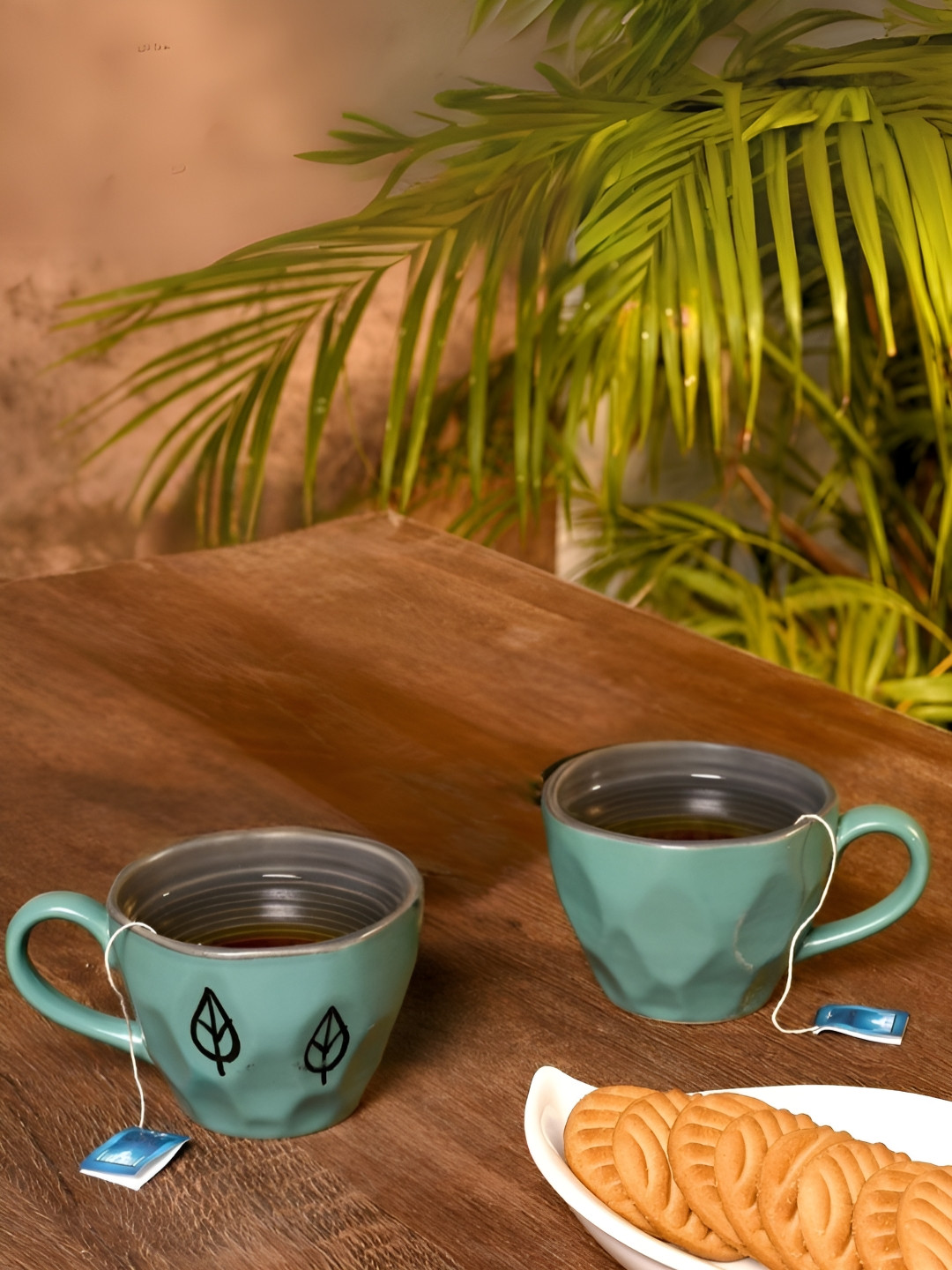 Unravel India Tea Series Teal Leaf Ceramic Microwave Safe 2 Piece Mugs-330ml