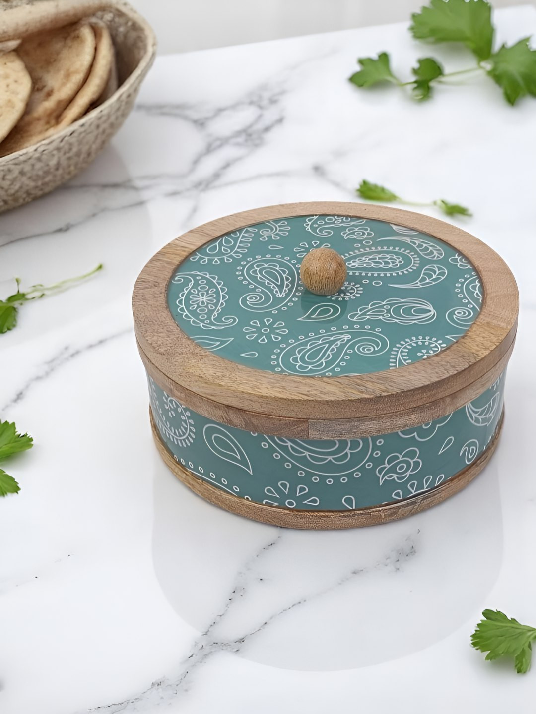 VarEesha Blue & White Paisley Printed Wooden Roti Box