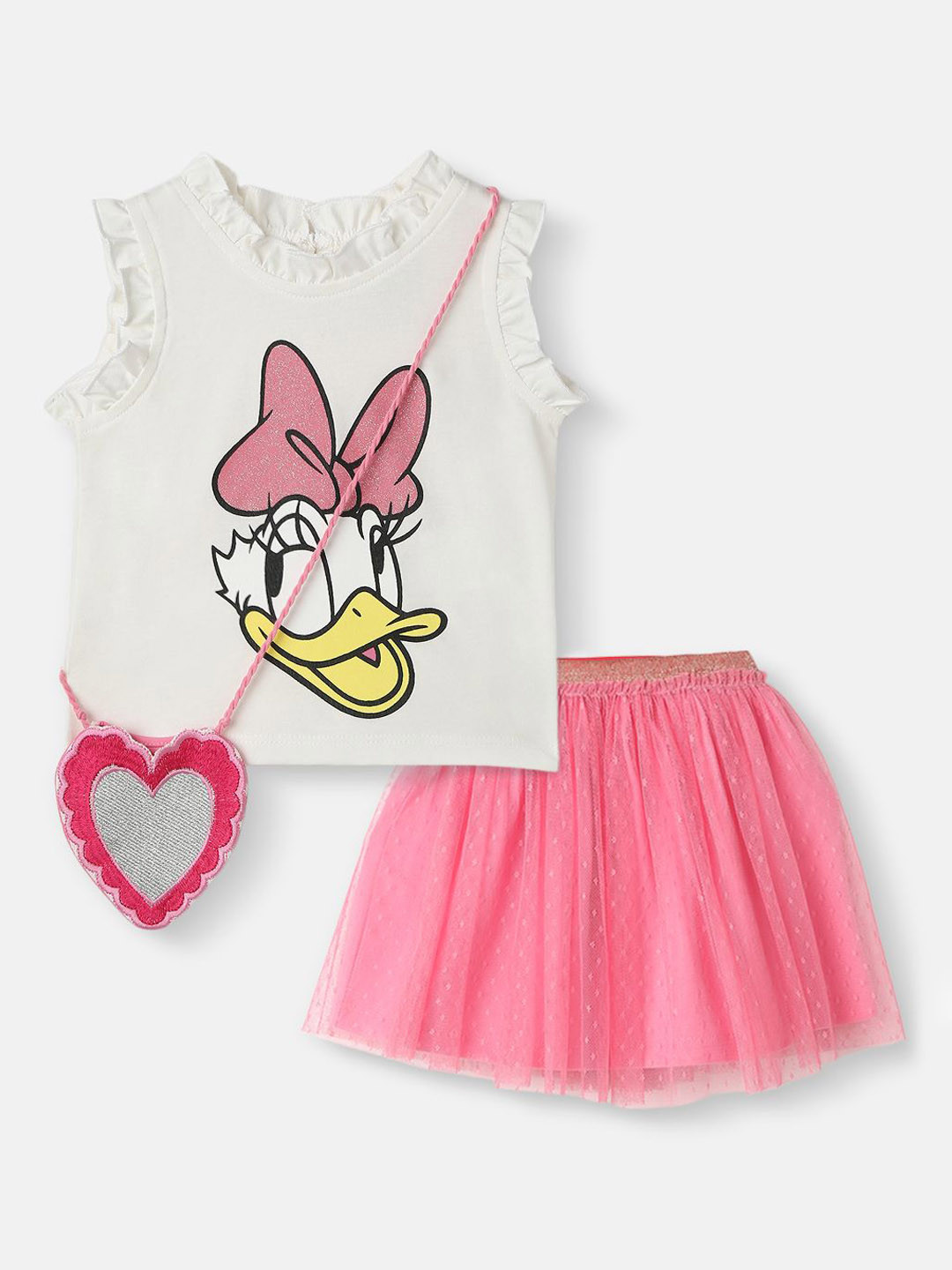 Nautinati Girls Cotton Disney Glitter Print Set Of Top & Skirt With Sling Bag