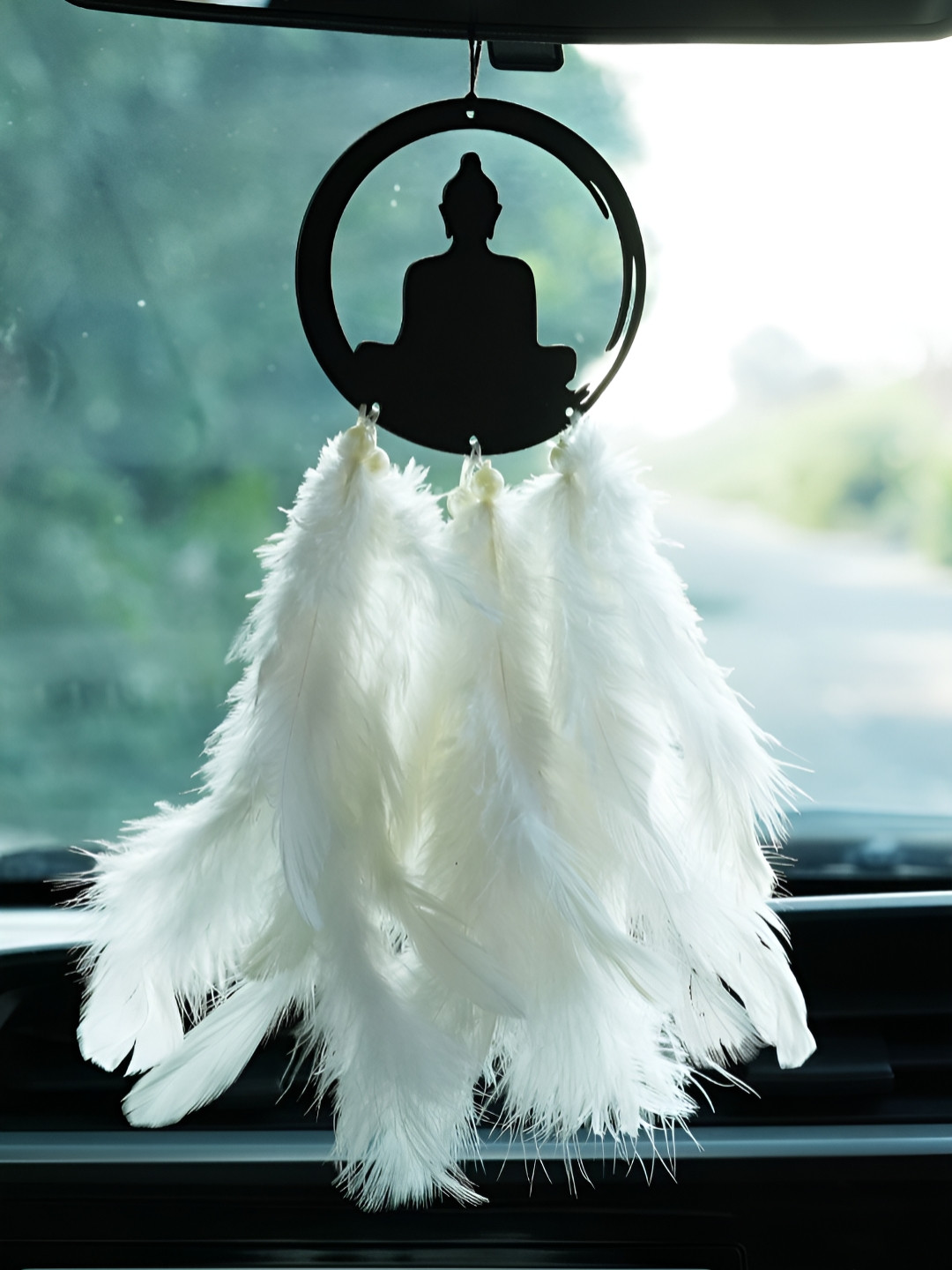 COLOR SPLASH White & Black Lord Buddha Feathers Car Dream Catcher