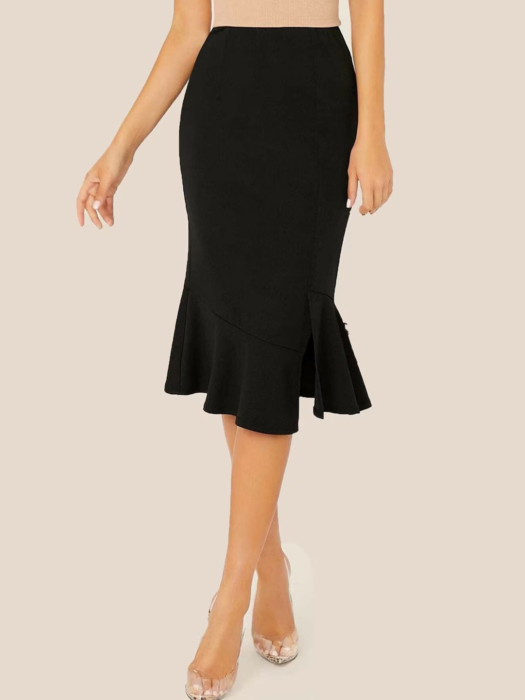 QIOA Black Flared Knee Length Skirt