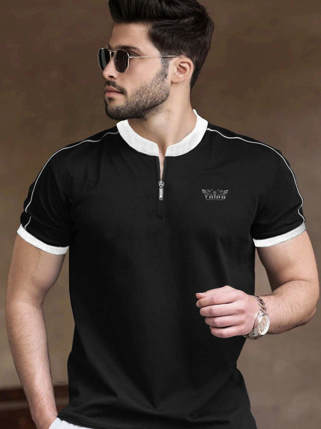 TRIPR Men Solid Mandarin Collar T-shirt