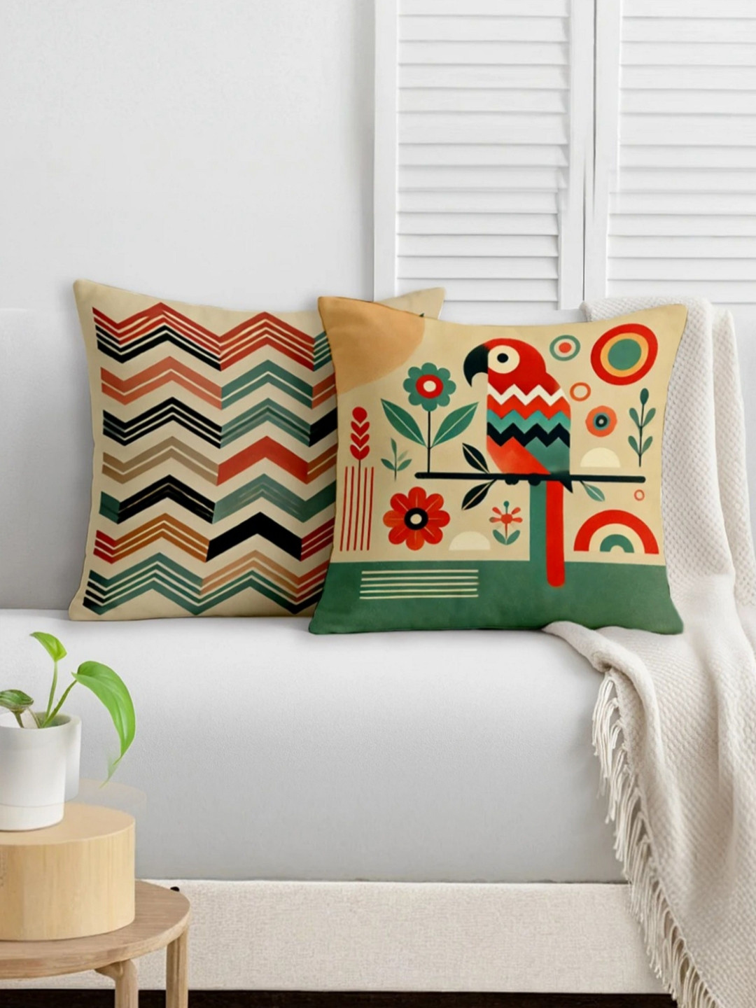 STITCHNEST Botanical Cream Chevron Satin Breathable 2 Piece Square Cushion Covers -24x24In