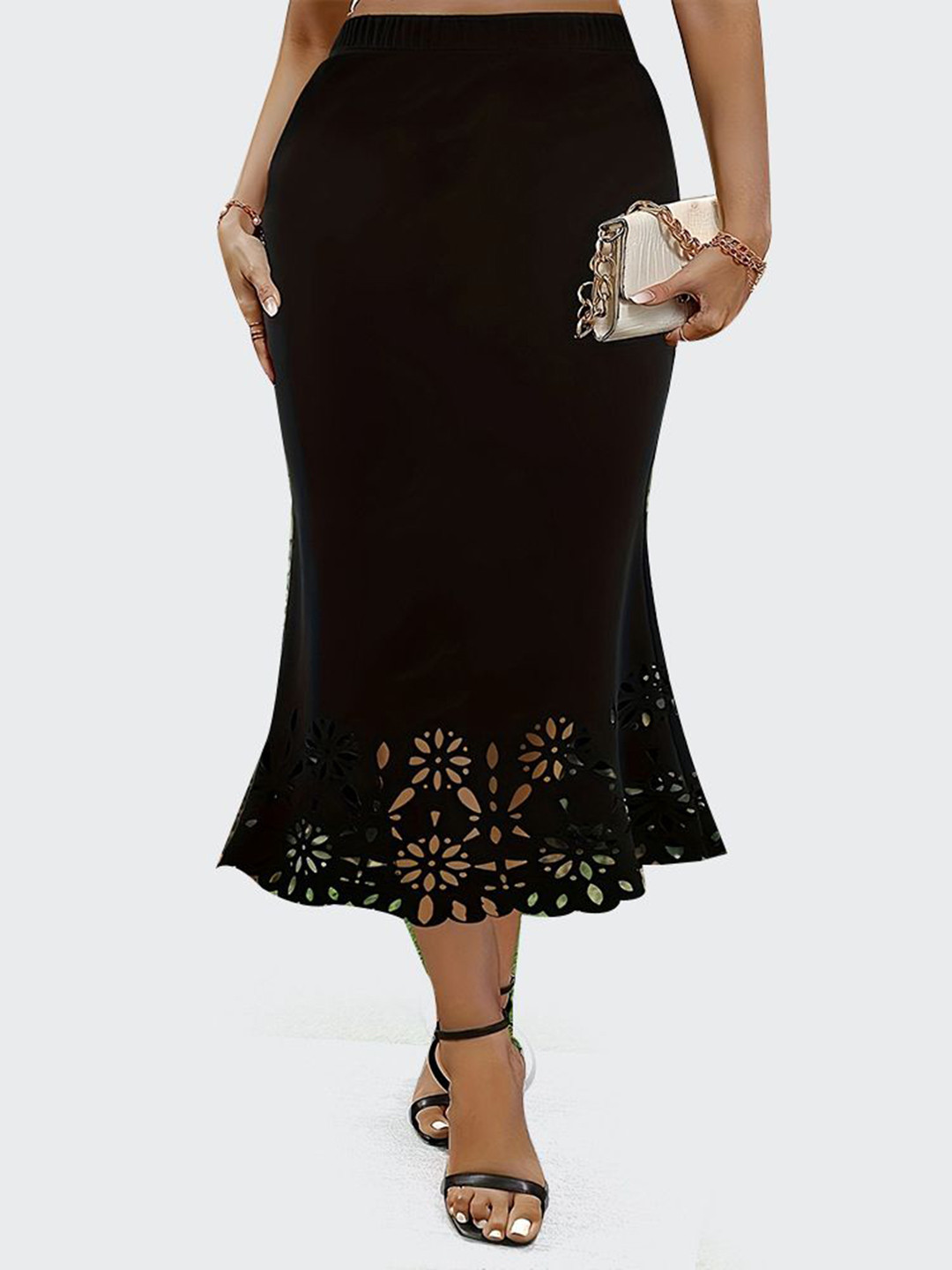 DressBerry Curve Cut-Out Detail Printed A-Line Midi Skirt