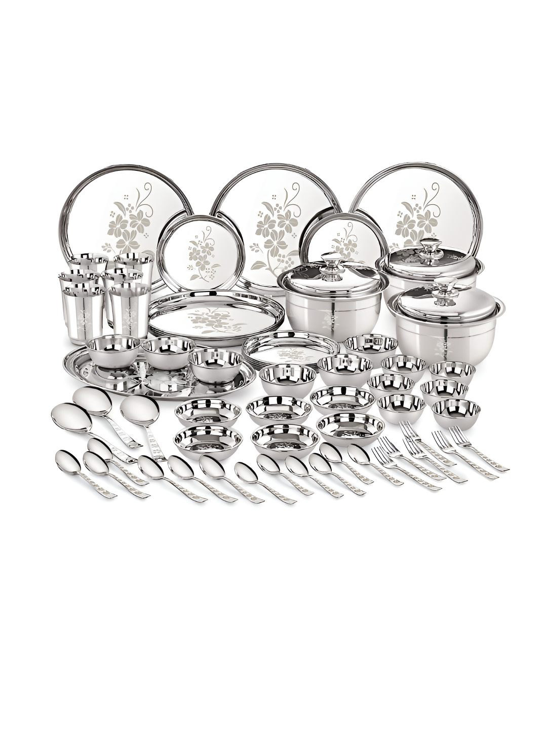 Neelam Silver Floral Stainless Steel Dishwasher Safe 61 Piece Dinner Set