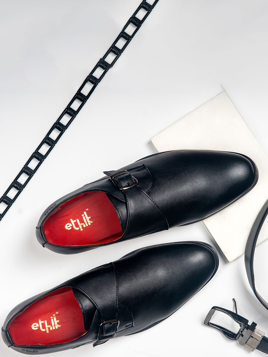 Ethik Men Black Vegan Single Strap Formal Monk Shoes