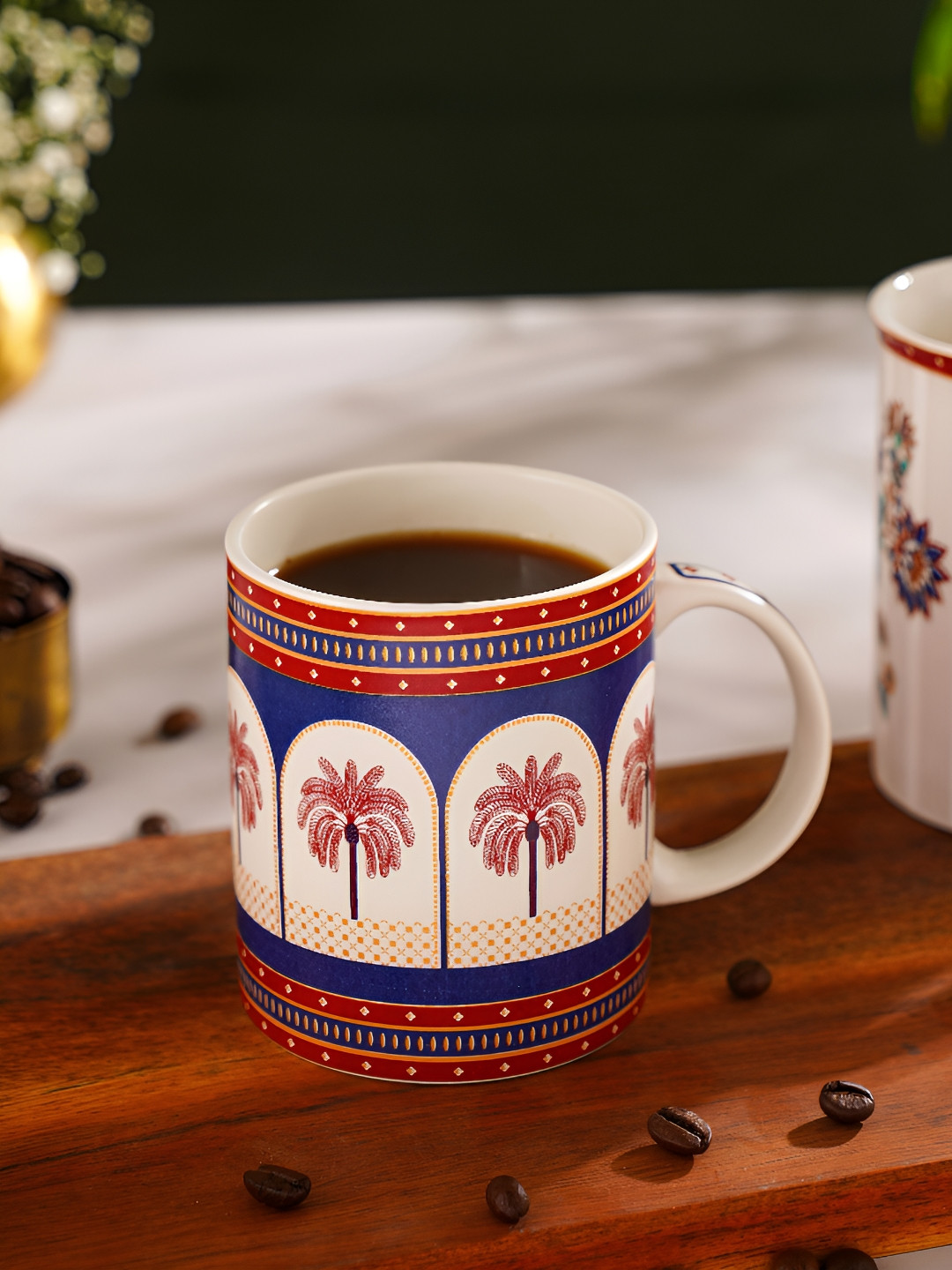 JAYPORE White & Blue Printed Porcelain Matte Mugs Set of Cups and Mugs