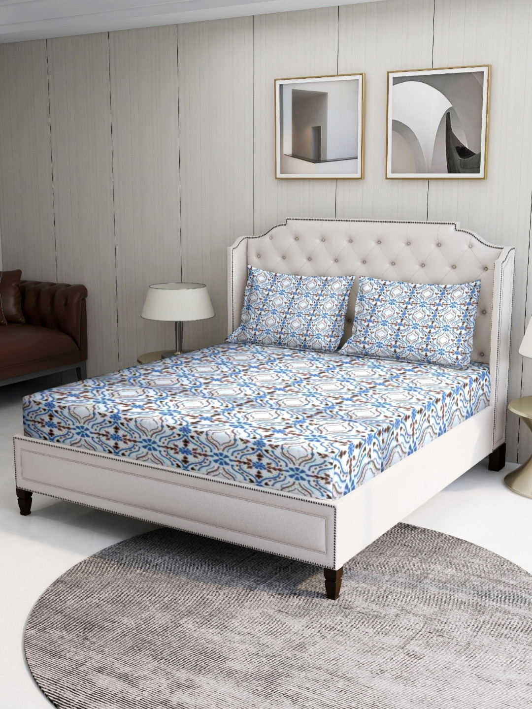 BOMBAY DYEING Cardinal Blue Ethnic Motifs Cotton 120 TC King Bedsheet with 2 Pillow Covers-108 x 108 inches