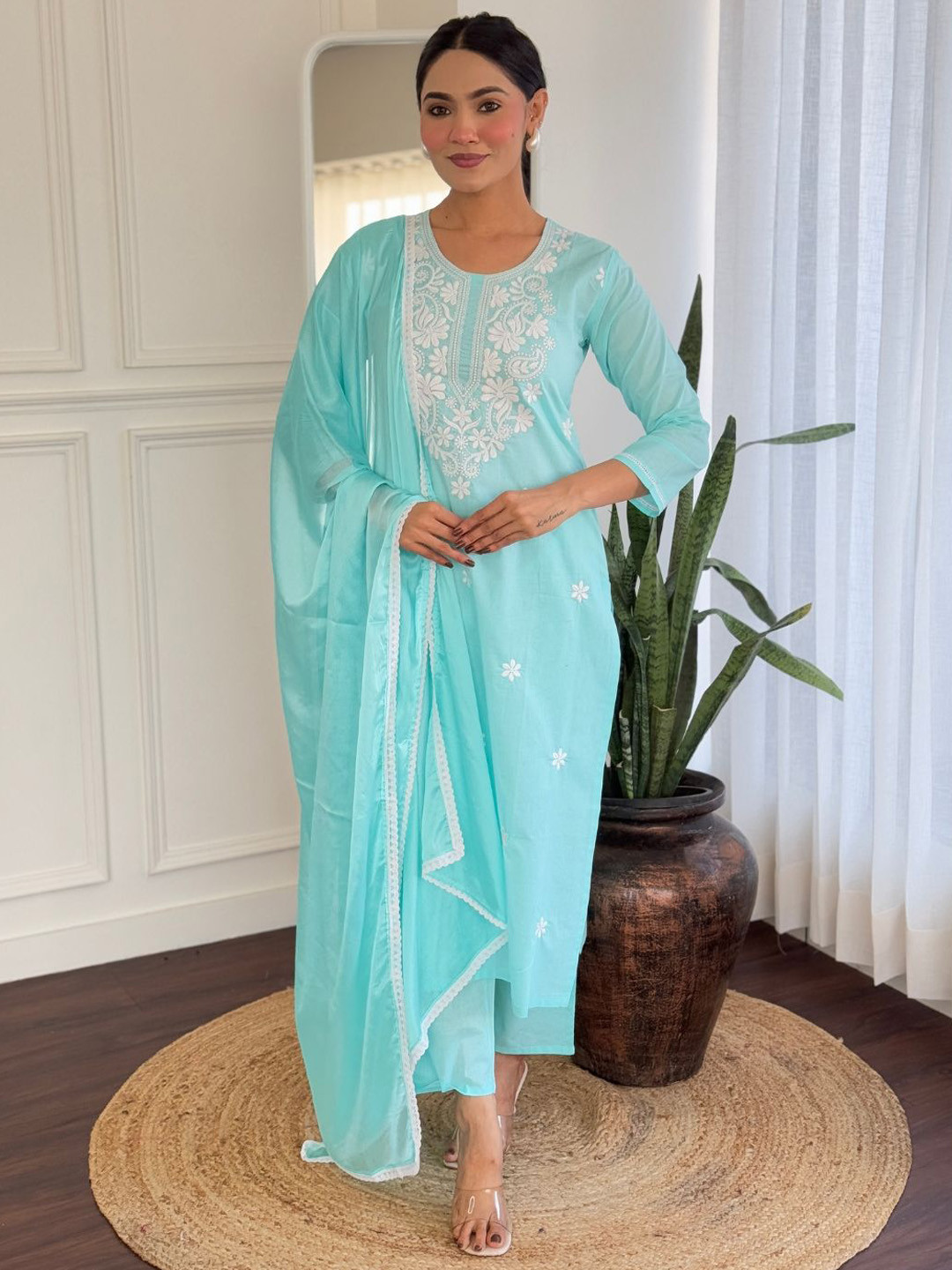 TWINS LADY Floral Embroidered Thread Work Pure Cotton Kurta With Trousers & Dupatta