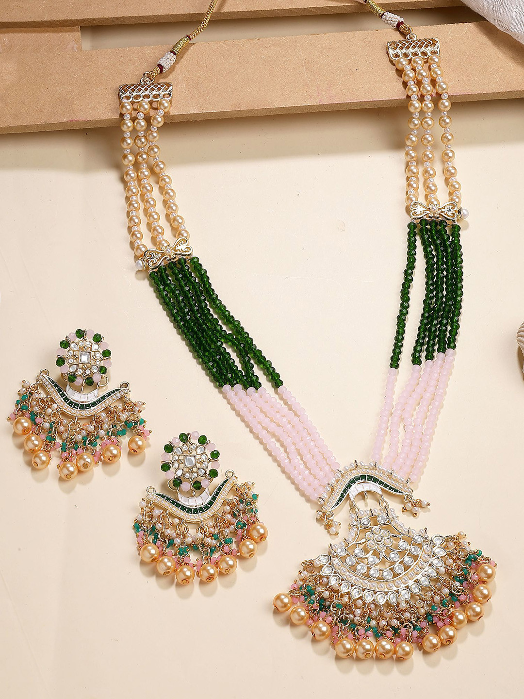 KARATCART Gold-Plated Crystals Studded & Beaded Rani Haar Jewellery Set
