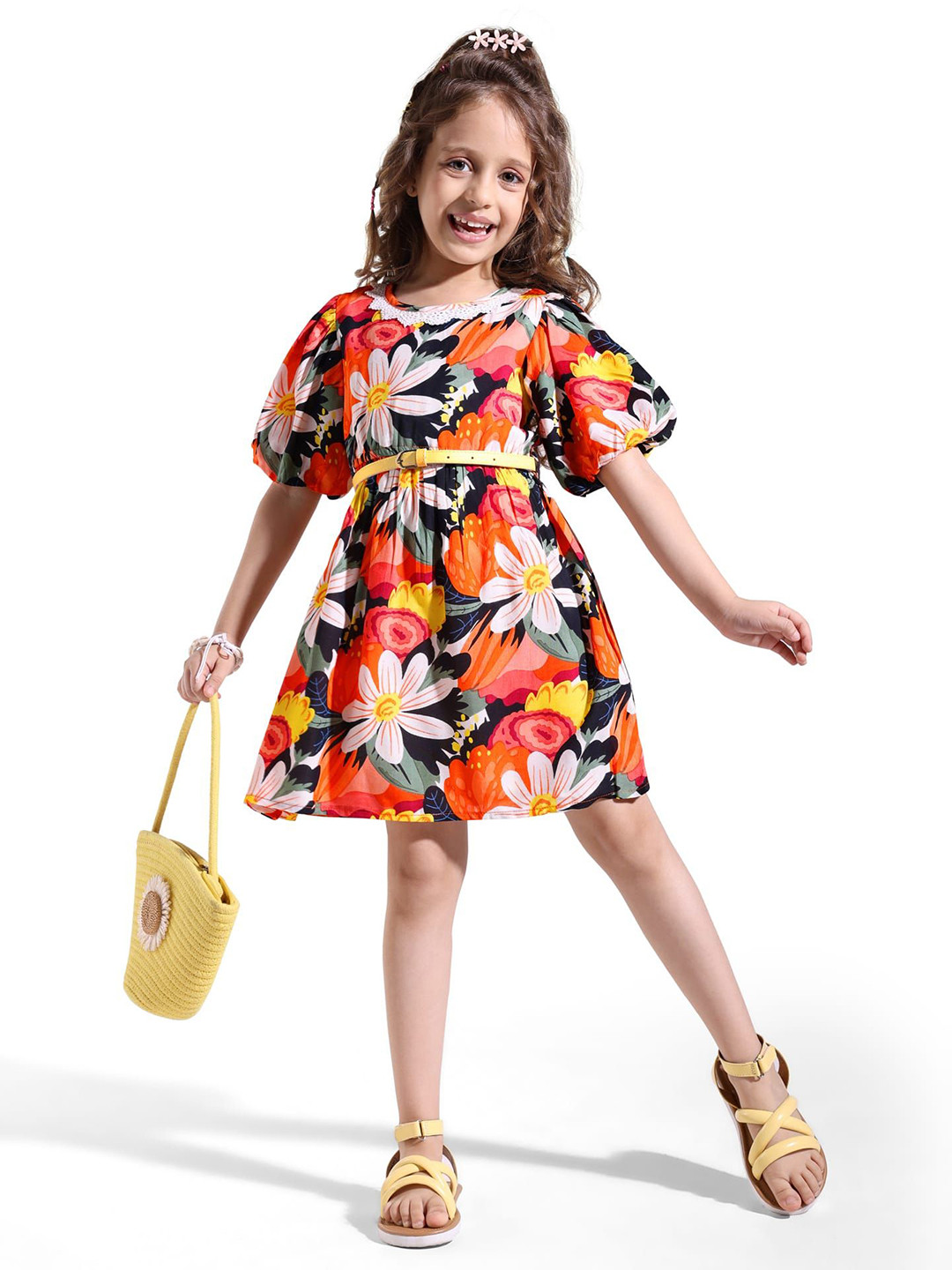 Hola Bonita Girls Prined Flared Sleeve Fit & Flare Dress