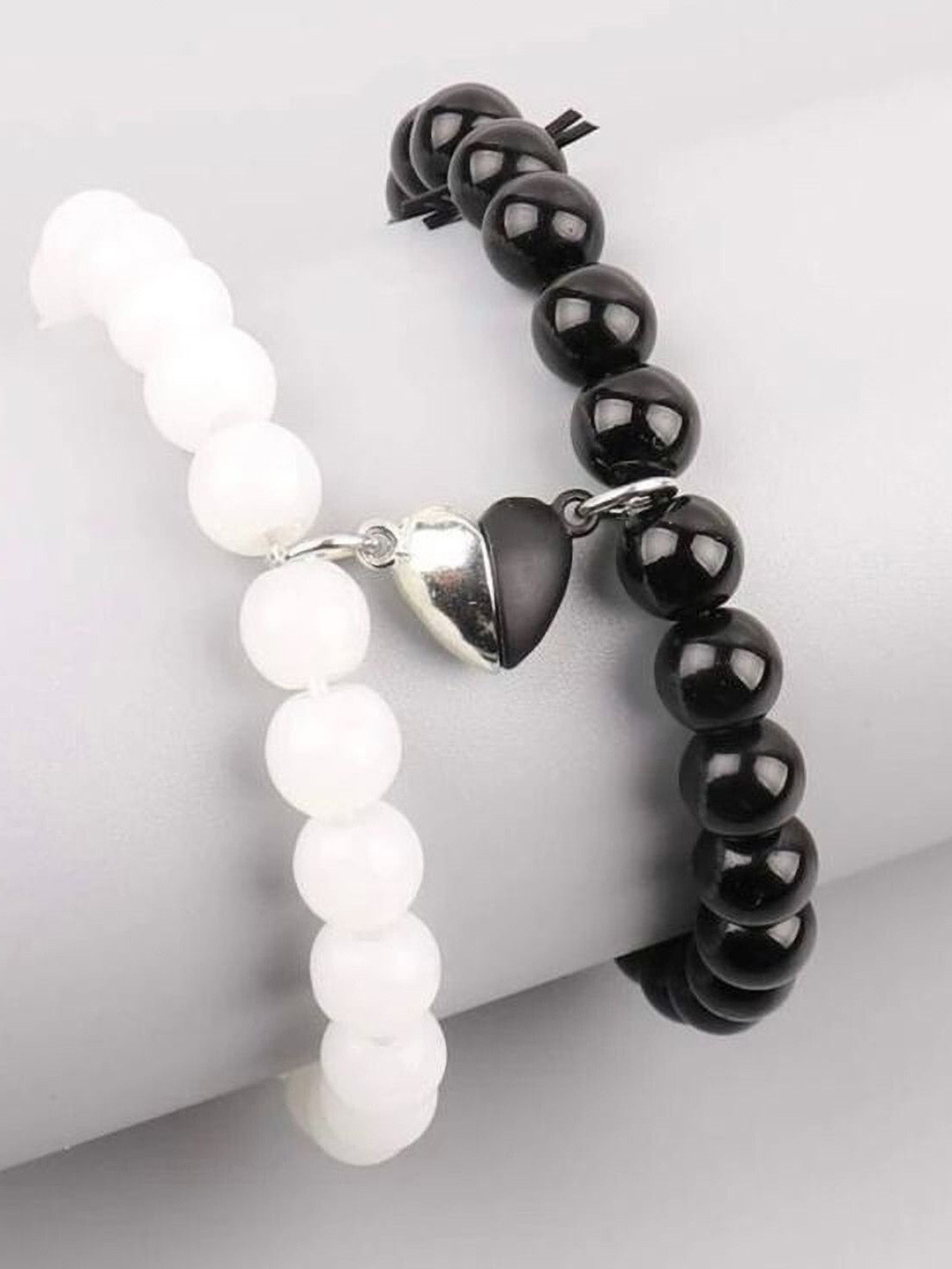 Sukhad Set Of 2 Onyx Beaded Wrist Band Heart Magnetic Elasticated Bracelets