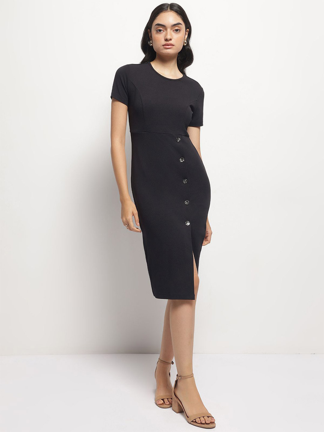 Strong And Brave Women Solid Black Round Neck Slits Detail Bodycon Midi Dress