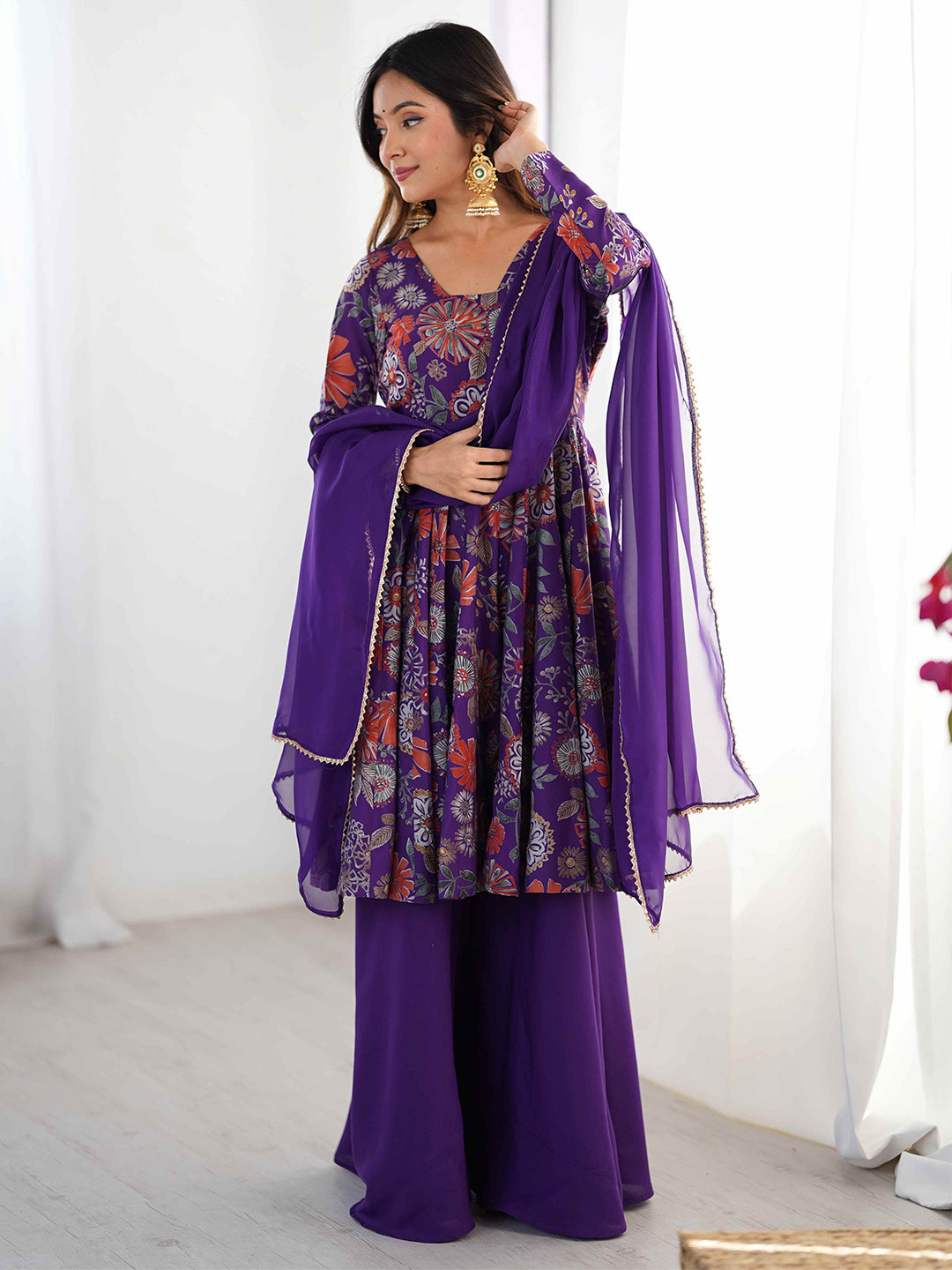 LABELKBBRAND Women Fox Georgette Colorful Padded Anarkali with Dupatta and Pants Set