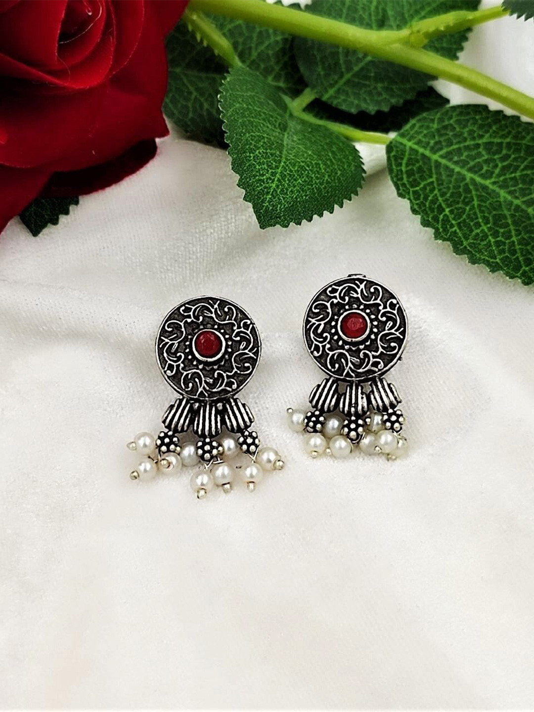 Yash Jewels Emporiums Silver-Plated Artificial Beaded Oxidised Drop Earrings
