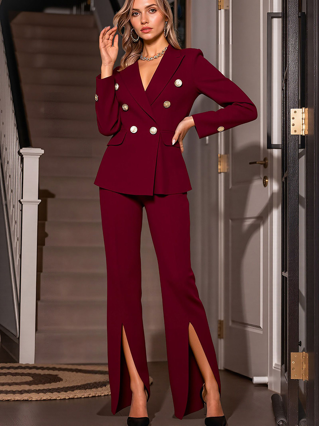 bebe Maroon Double-Breasted Blazer with Slitted Trouser Co-ords set