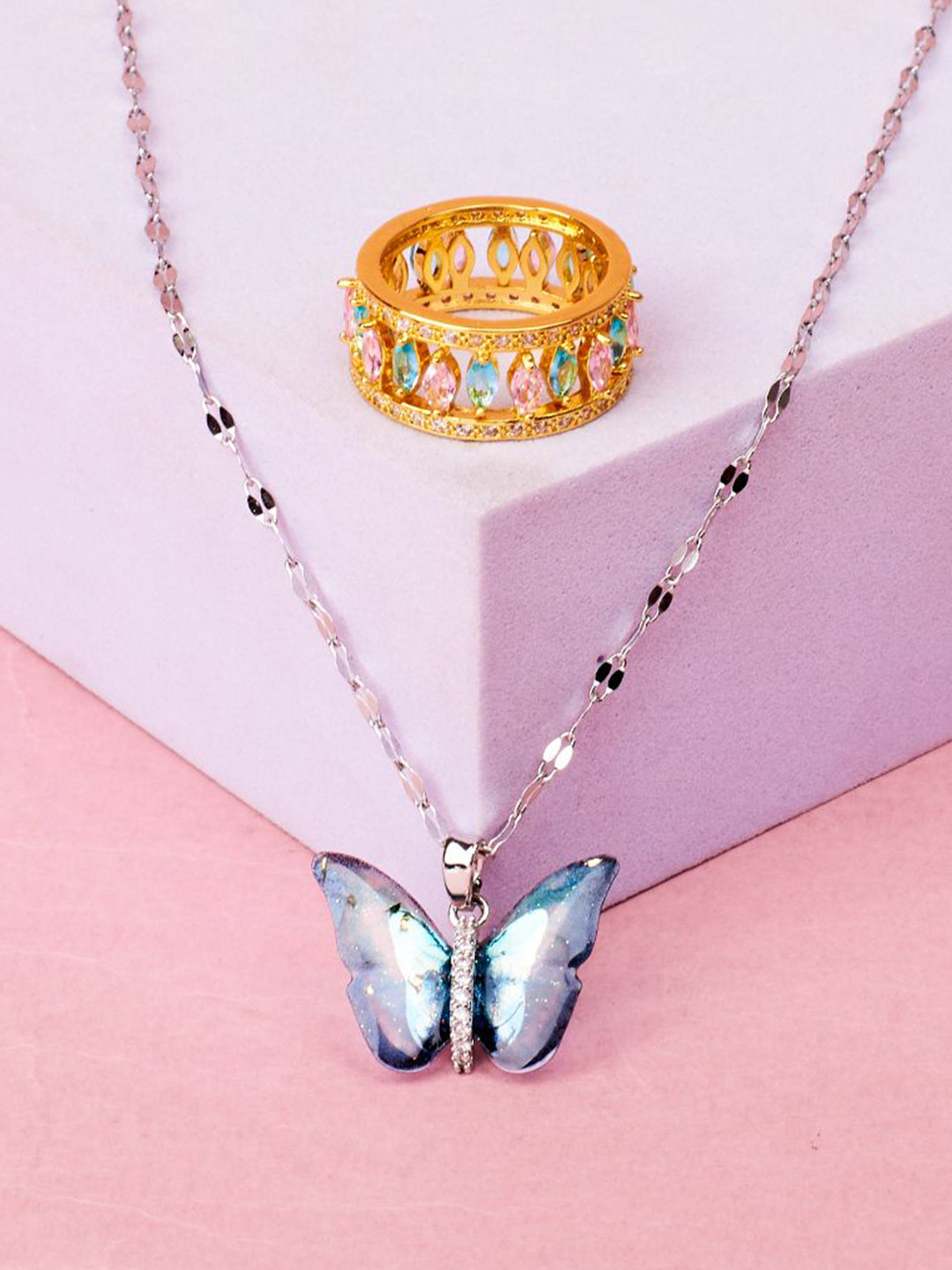 SALTY Stones Studded Beauty & Baguette Butterfly Pendant Chain & Ring Jewellery Set