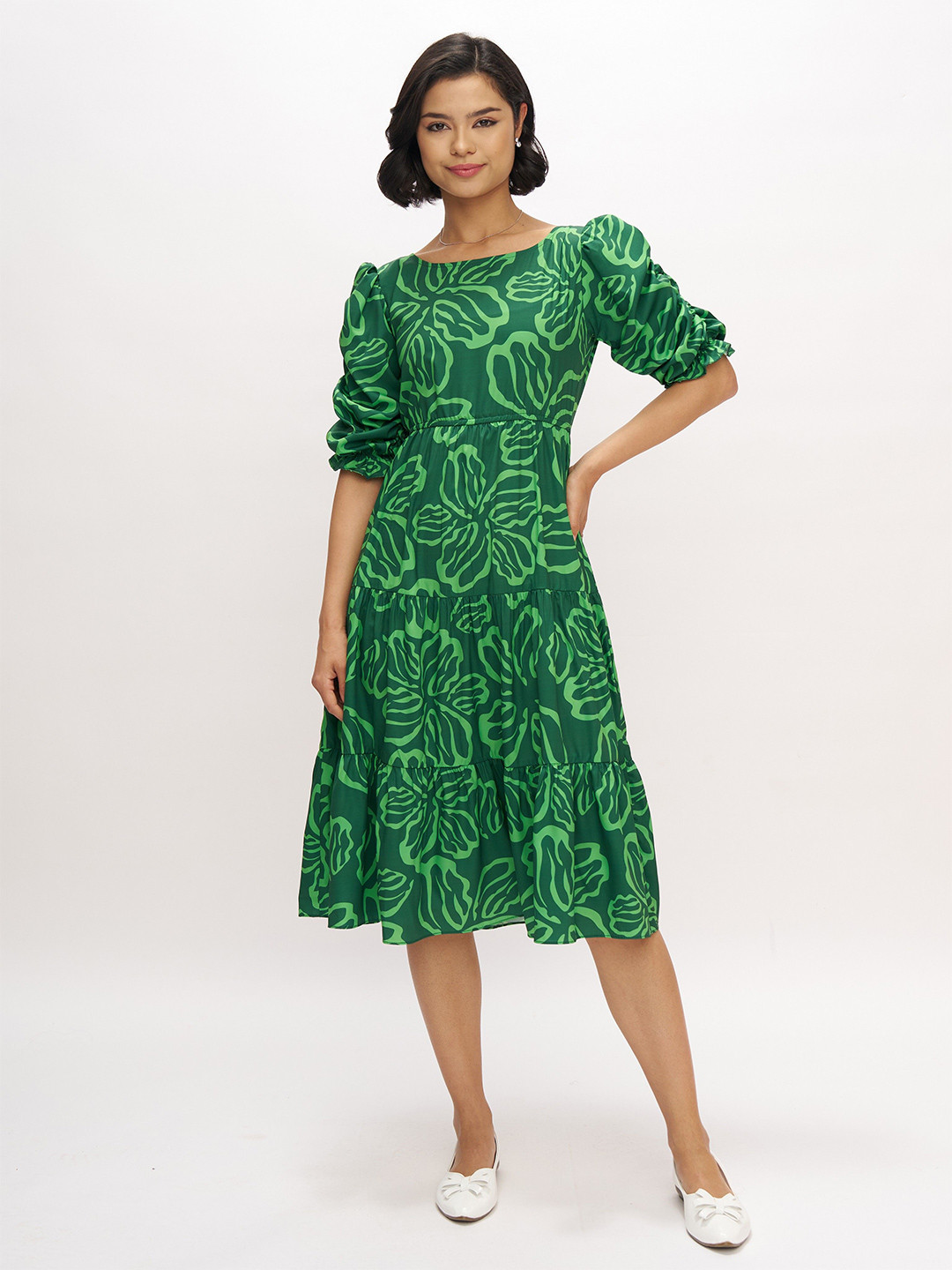 AASK Floral Print Bishop Sleeve Delta Crush Calf Length Fit and Flare Dress