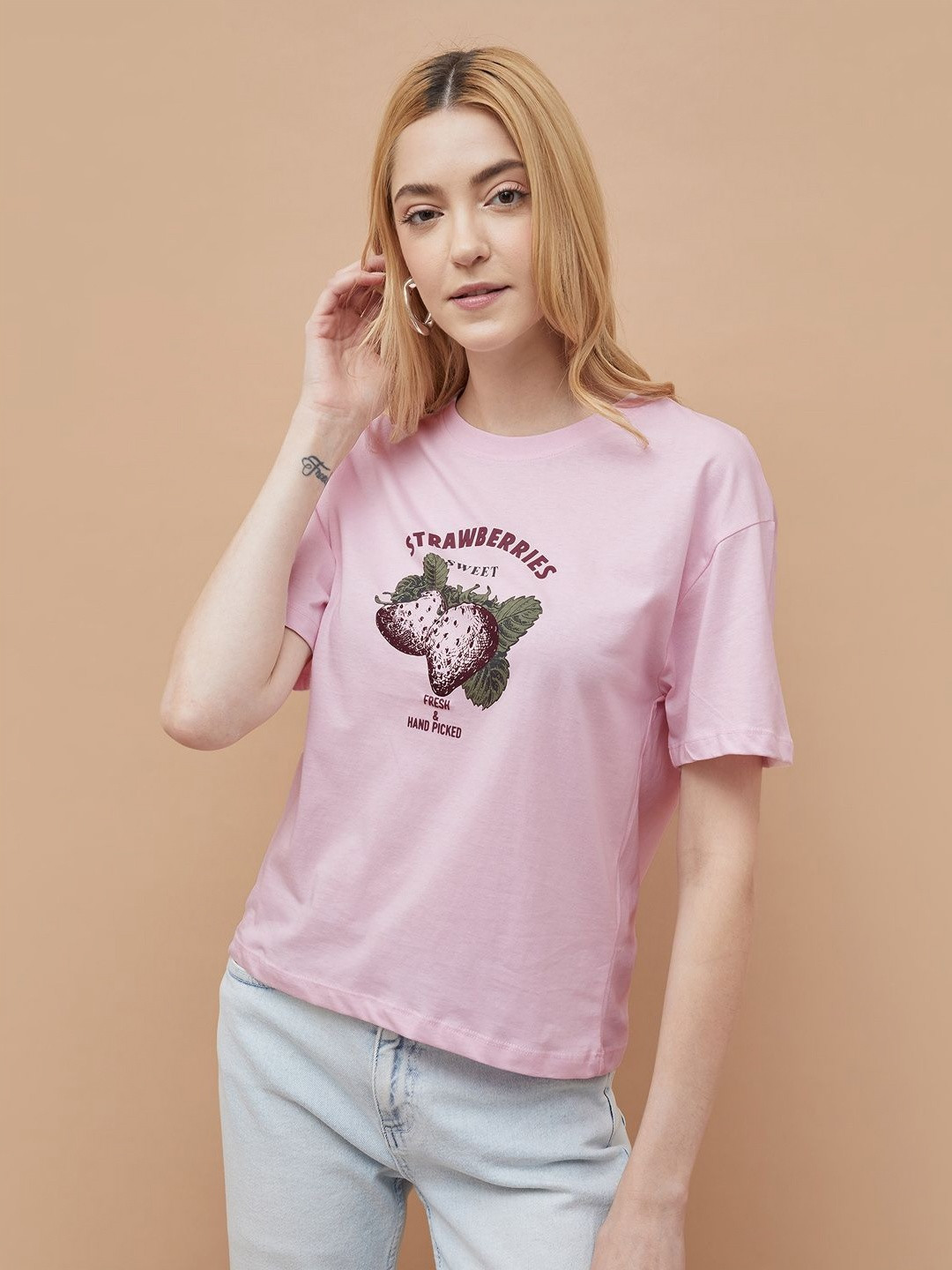 Fame Forever by Lifestyle Floral Printed Round Neck Cotton T Shirt