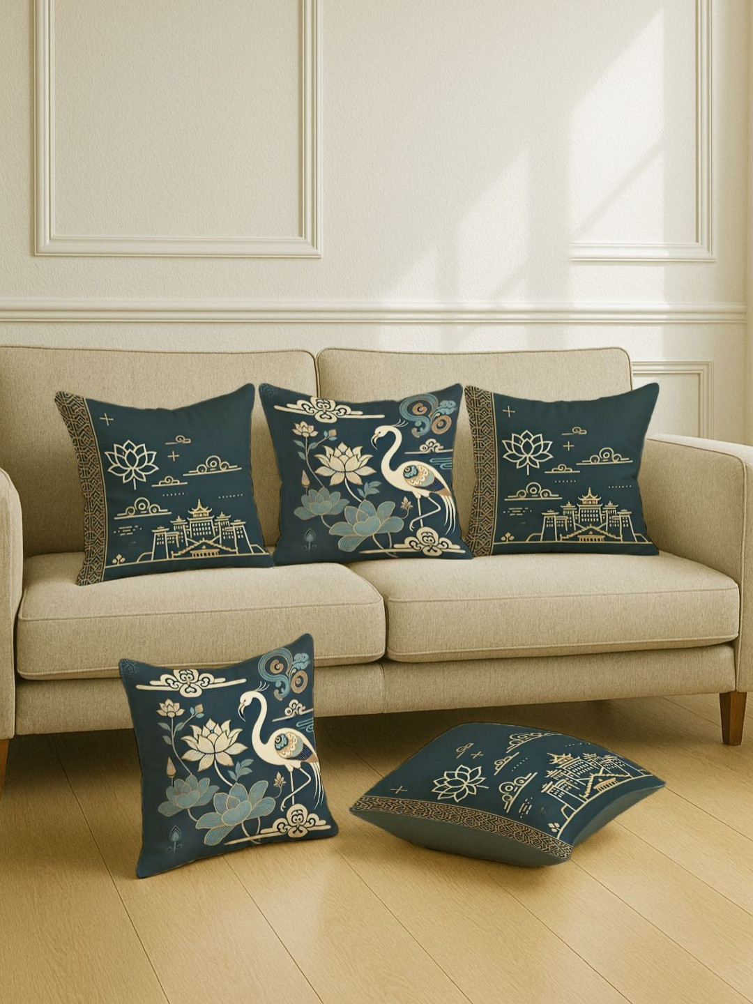 STITCHNEST Lotus Teal Floral Satin Breathable 5 Piece Square Cushion Covers -16x16In