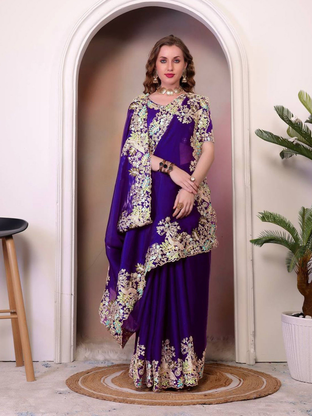 ODETTE Women Royal Blue Jimmy Choo Embellished Saree