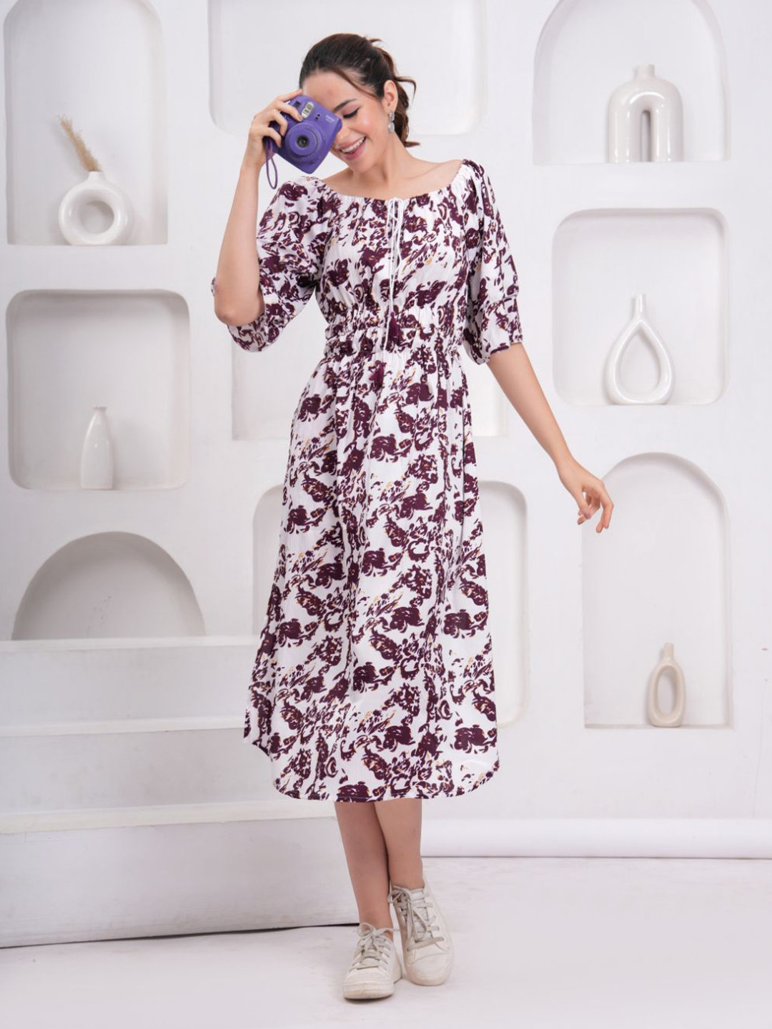 HIGHLIGHT FASHION EXPORT Off-Shoulder Fit & Flare Midi Dress