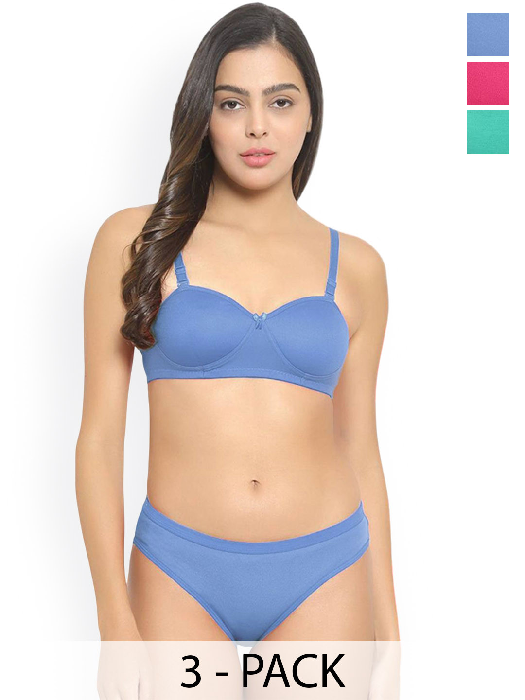 AROUSY Pack Of 3 Cotton Lightly Padded Lingerie Sets J_Demi-Set_L-B,G,P