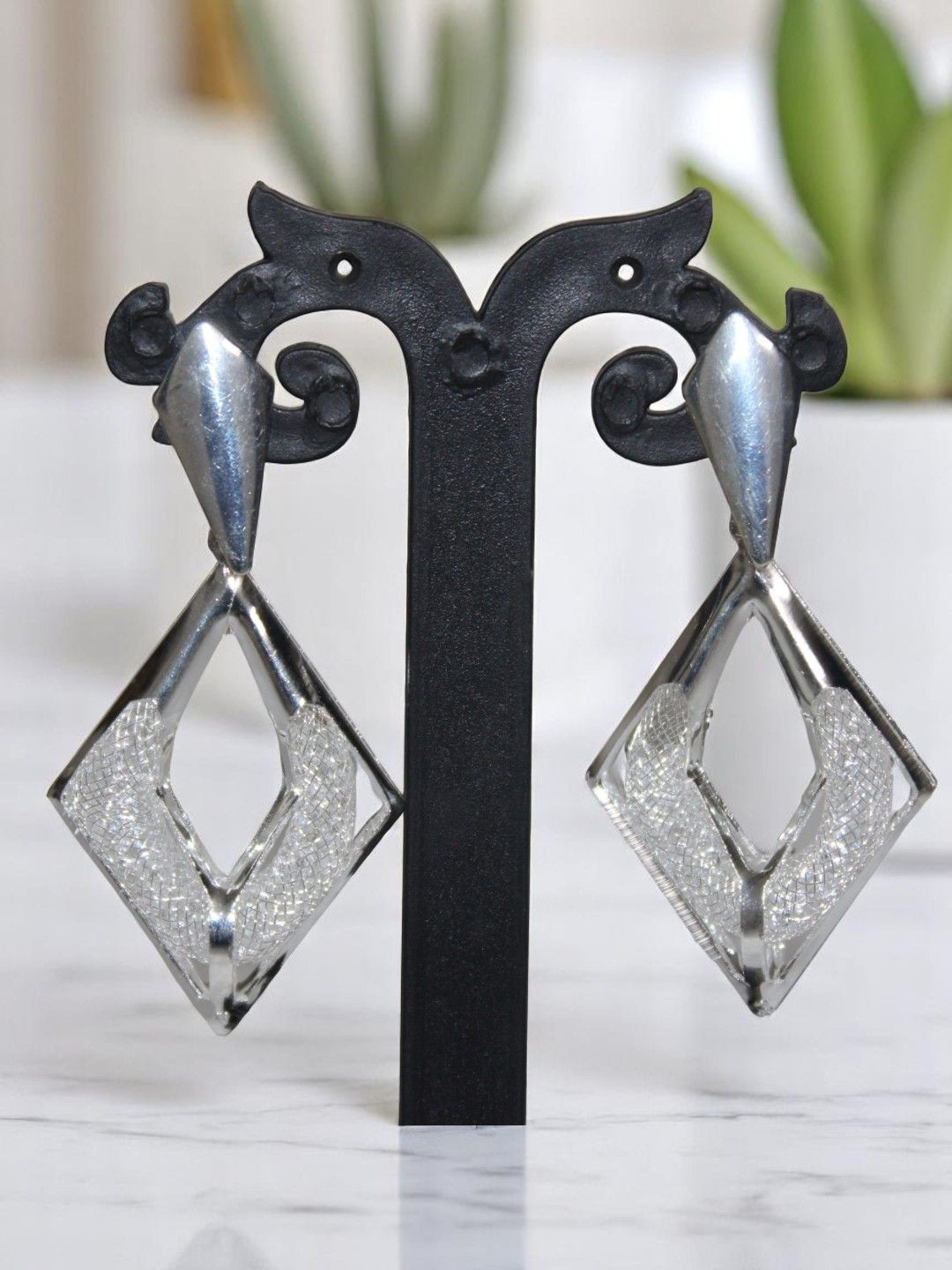 Jolly Faces Silver-Plated Crystals Studded Geometric Shaped Drop Earrings