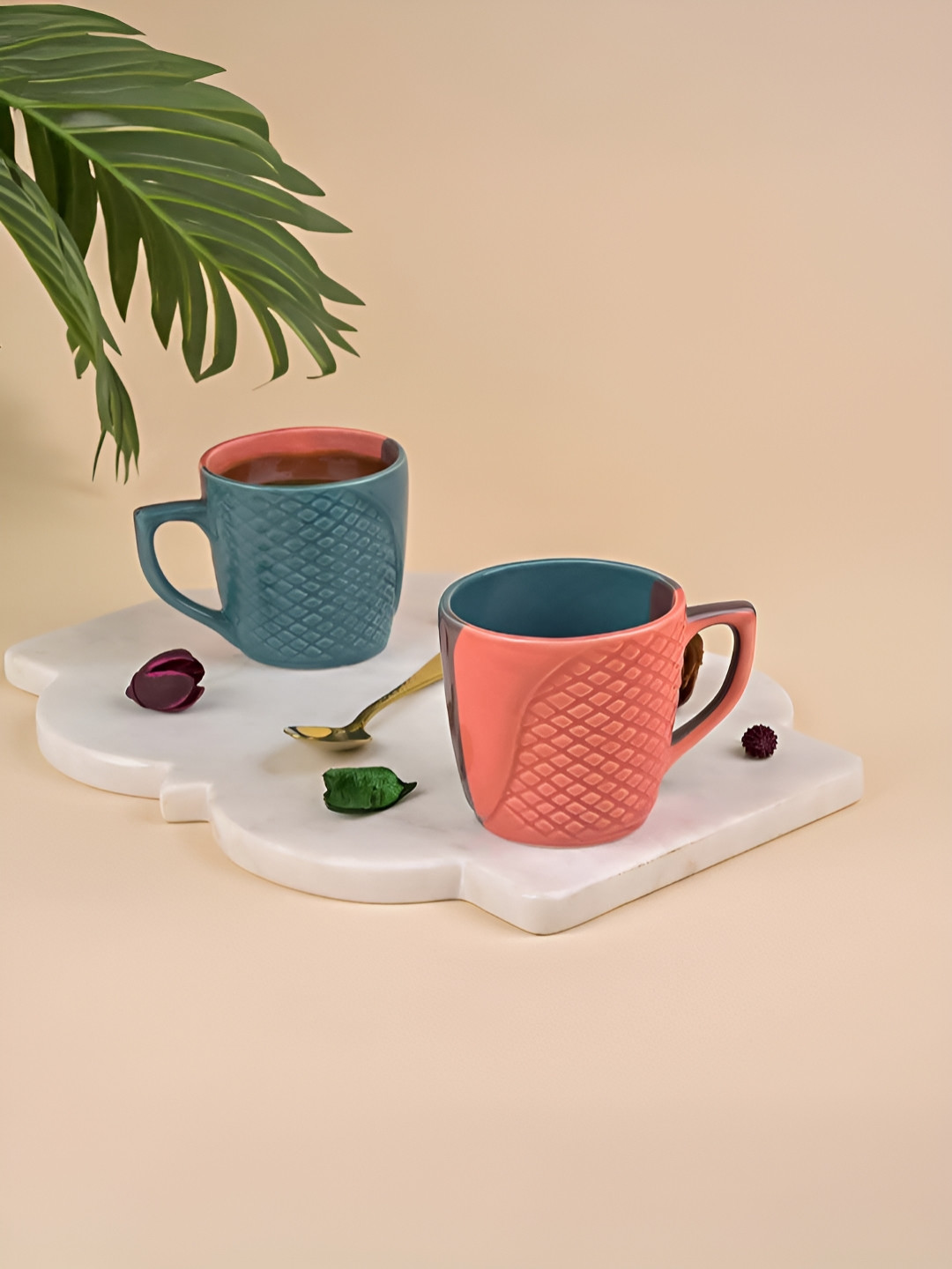 Storepedia Vertis Series Pink Textured Ceramic Microwave Safe 2 Piece Mugs-150ml