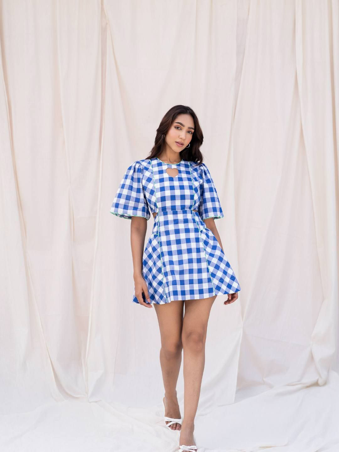Urban Suburban Women Blue Checks Heart Cut-Out Detail Fit & Flare Mini Short dress
