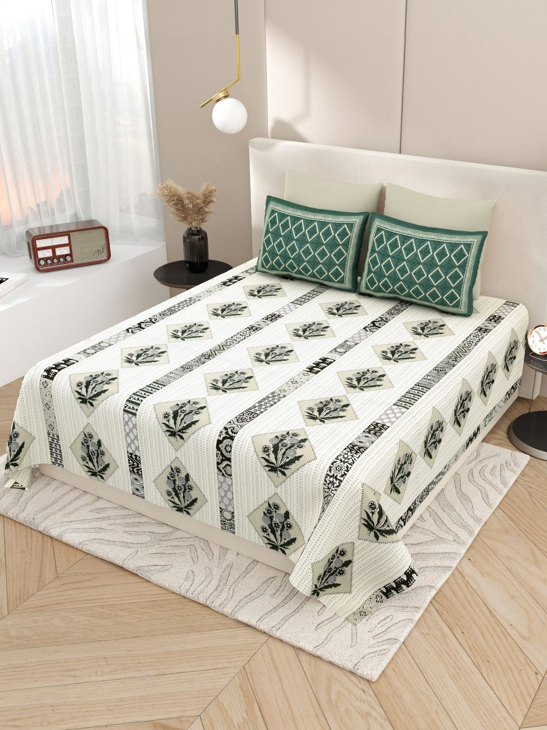 Aura Kashida Green Leaf Pure Cotton Breathable 180 TC King Fine Bedsheet with 2 Pillow Covers-106 x 106 inches