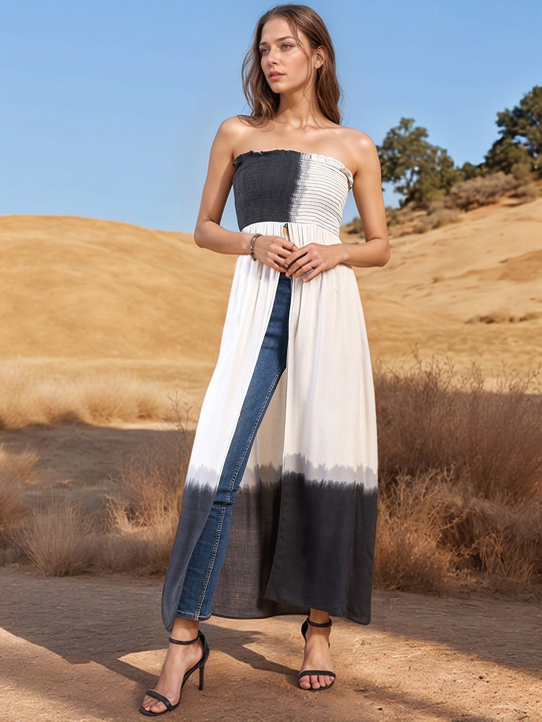 RARE Women Tie and Dye Colourblocked Off-Shoulder Smocked Maxi Longline Top