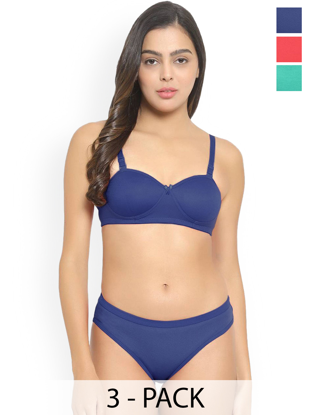 AROUSY Pack Of 3 Cotton Lightly Padded Lingerie Sets J_Demi-Set_R,B,G