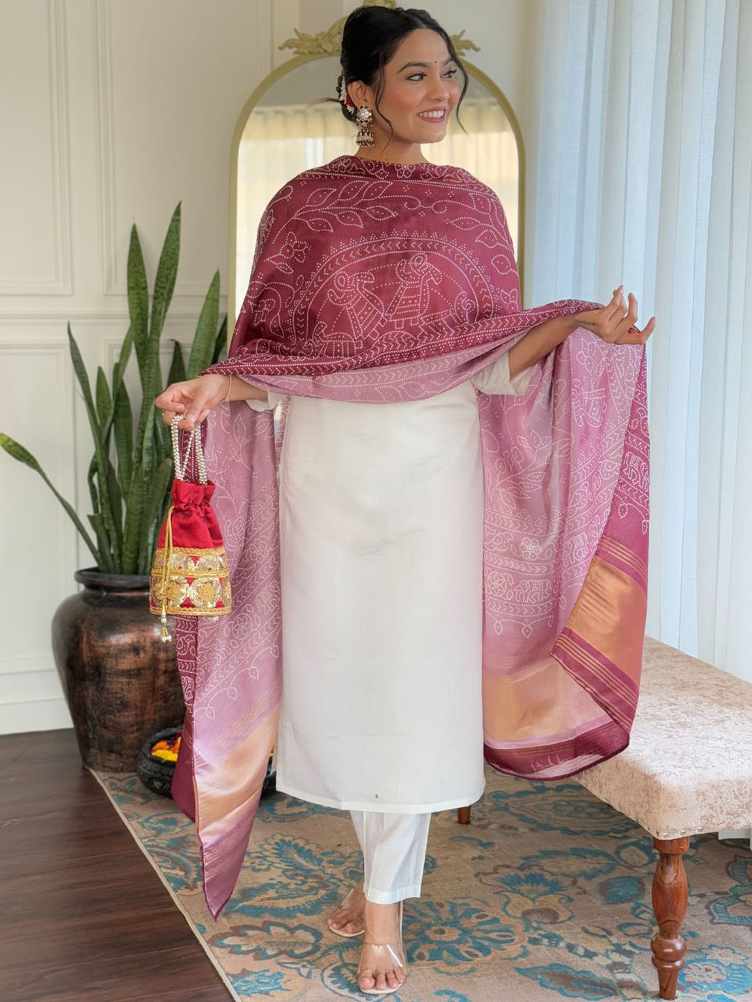 TWINS LADY Floral Yoke Design Zari Pure Silk Straight  Kurta With Trousers & Dupatta