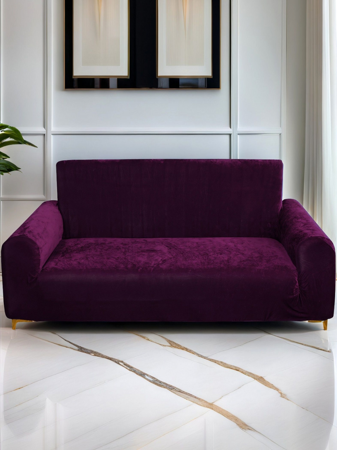 DECOR VATIKA Purple Solid Velvet 1 Piece Sofa Cover With Arms