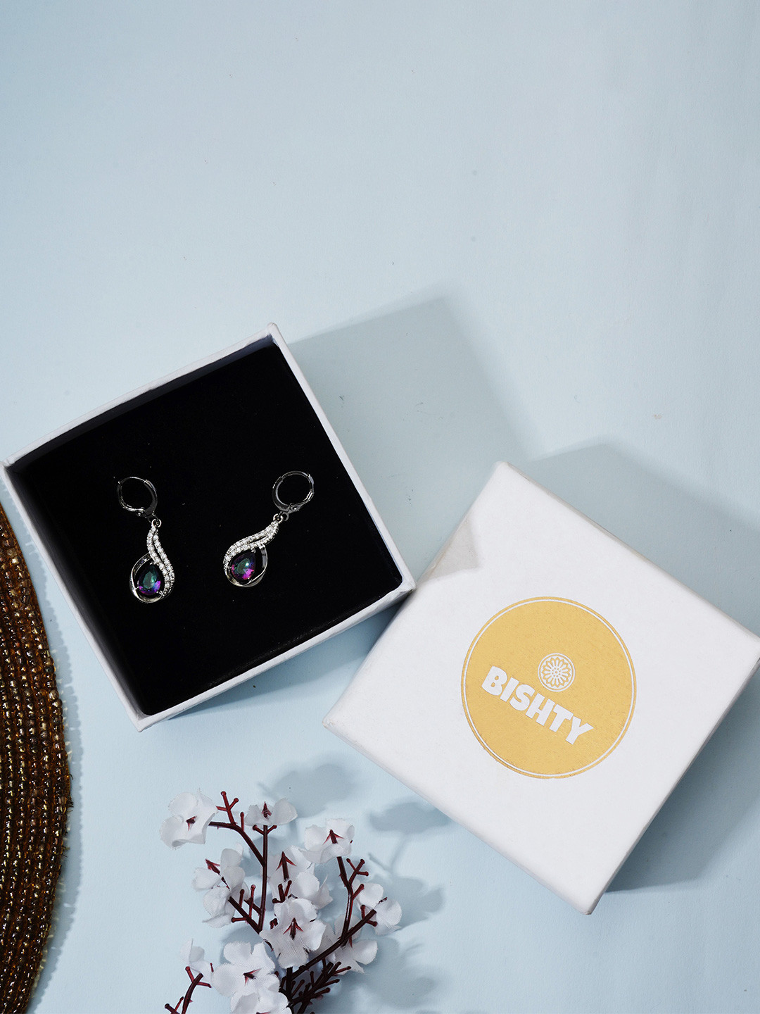 BISHTY  Stainless Steel Silver-Plated CZ Studded Pear Dangle Drop Earrings