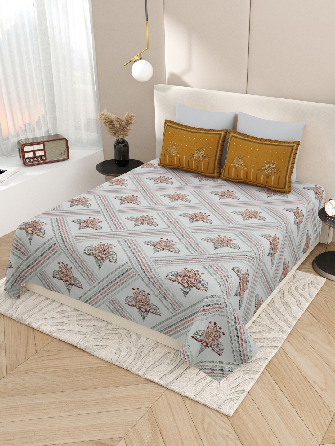 Aura Kashida Grey Floral Pure Cotton Breathable 180 TC King Fine Bedsheet with 2 Pillow Covers-270 x 270 cm