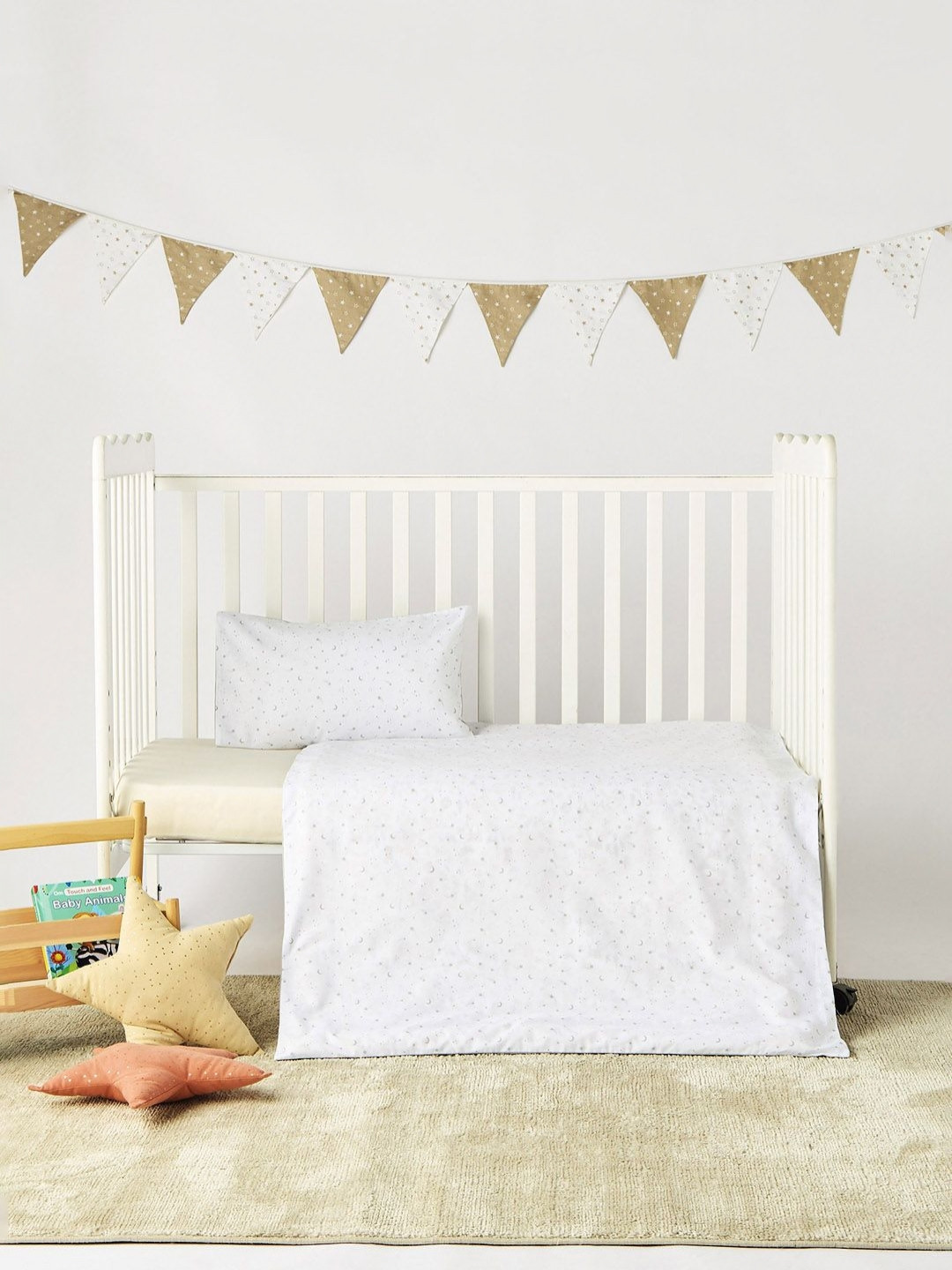 Juniors by Babyshop White & Grey 2 Pieces Geometric Printed Cotton Crib Bedding Set