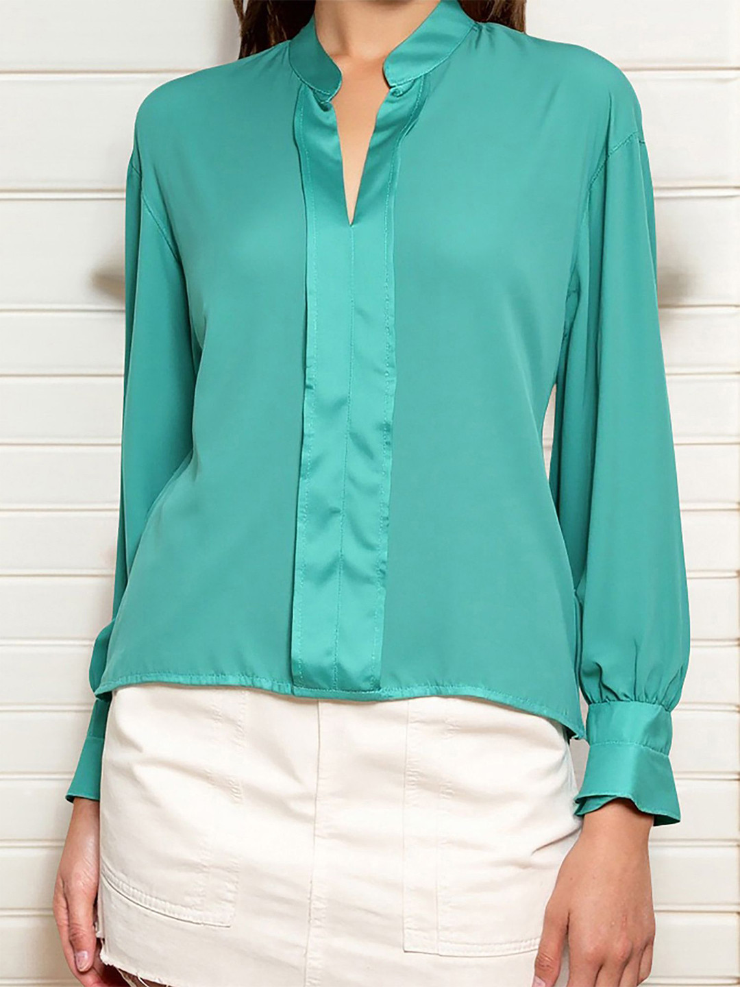 bebe Teal V-Neck Mandarin Collar Bishop Sleeves Top