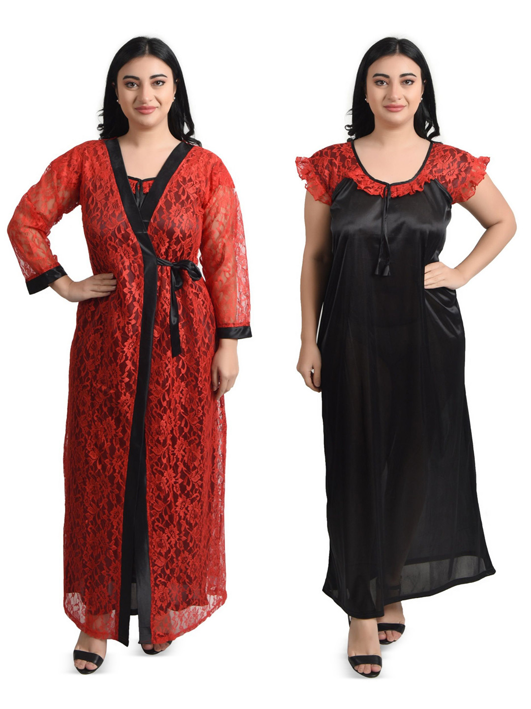 Embrave Women Wrap Nightdress with Net Robe Free Black