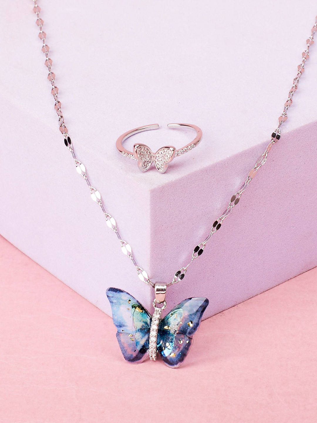 SALTY Silver Plated Stones Studded Butterfly Pendant Chain & Ring Jewellery Set