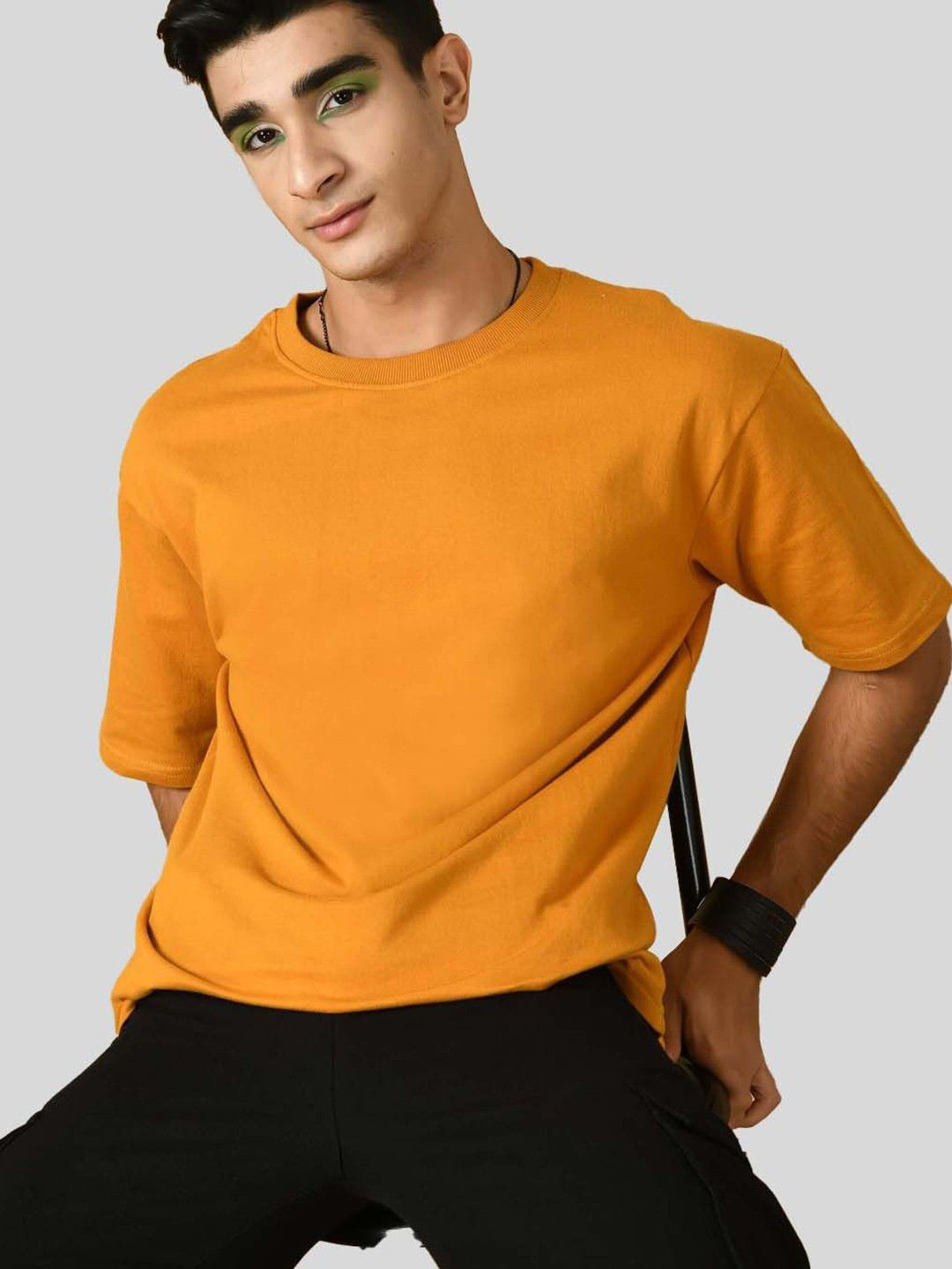 Mast & Harbour Mustard Yellow Drop-Shoulder Sleeves Anti Odour PureCotton Oversized Tshirt