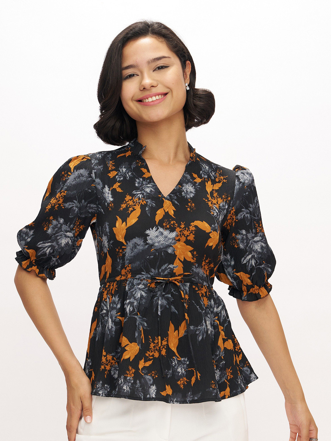 AASK Women Polyester Printed Black Color Regular Crepe Collar Puff Sleeve Top