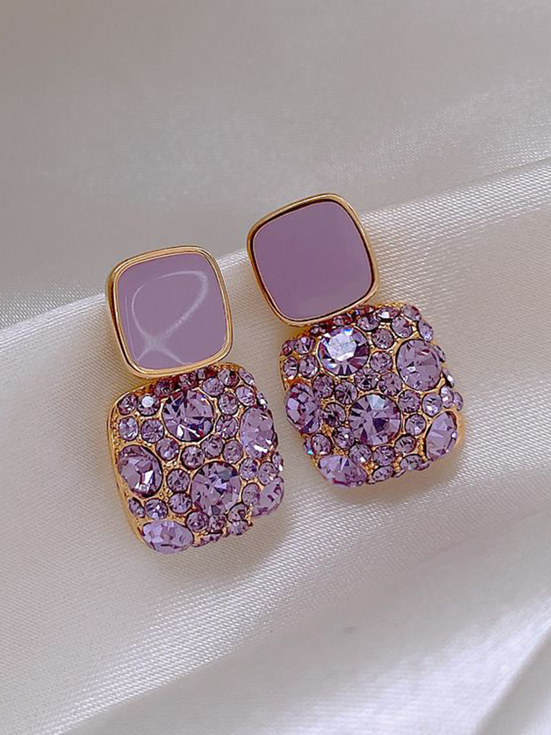 Anouk Gold-Plated Korean Diamond Studded Square Shaped Drop Earrings