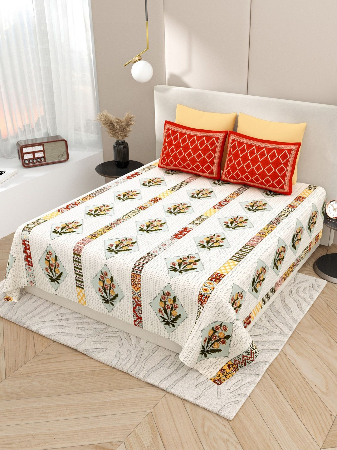 Aura Kashida Red Floral Pure Cotton Breathable 180 TC King Fine Bedsheet with 2 Pillow Covers-106 x 106 inches